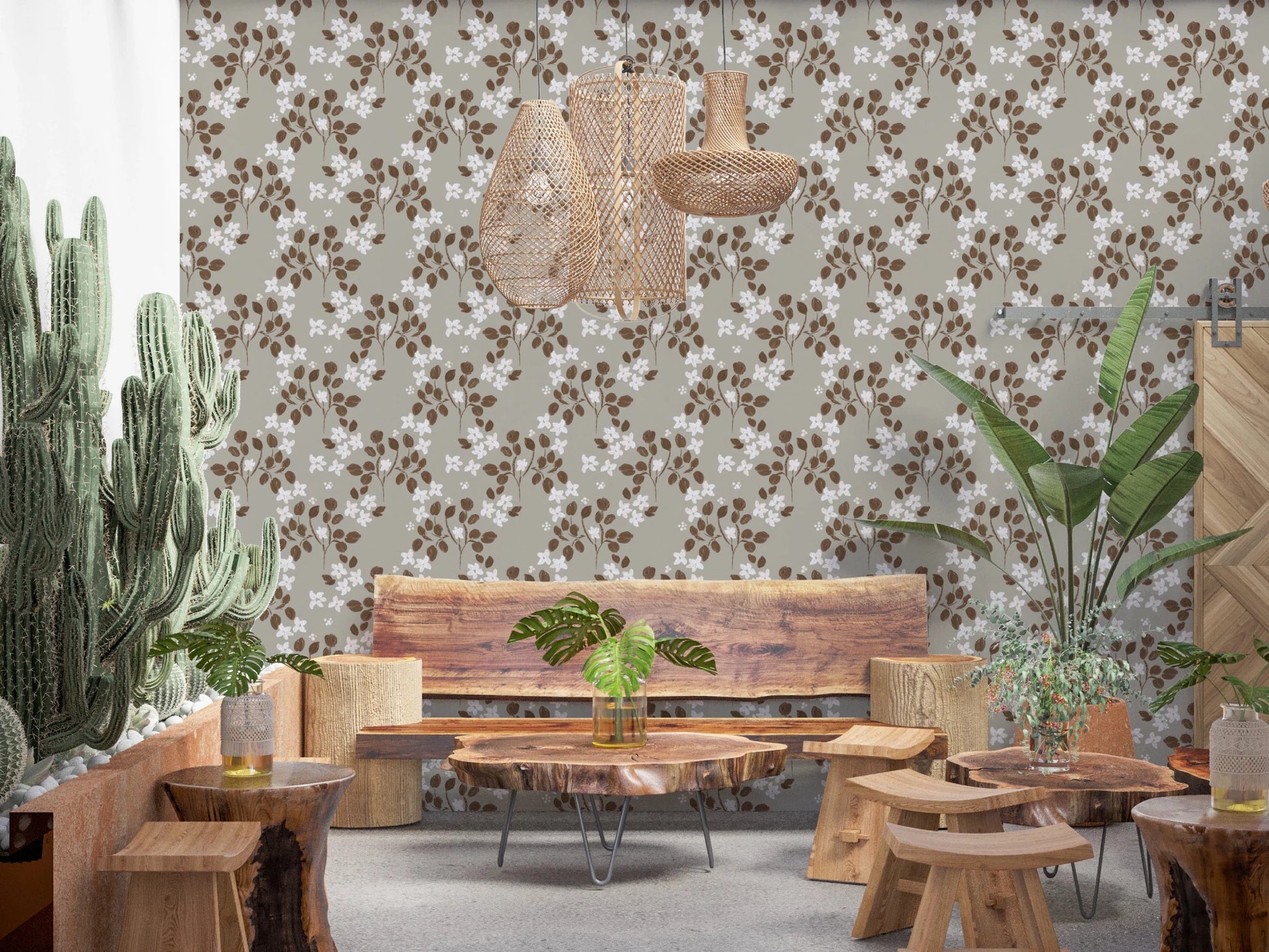 Hand-painted blossoms give Rustic Grey Neutral Bloom Pattern Wallpaper a soft look, GD8808