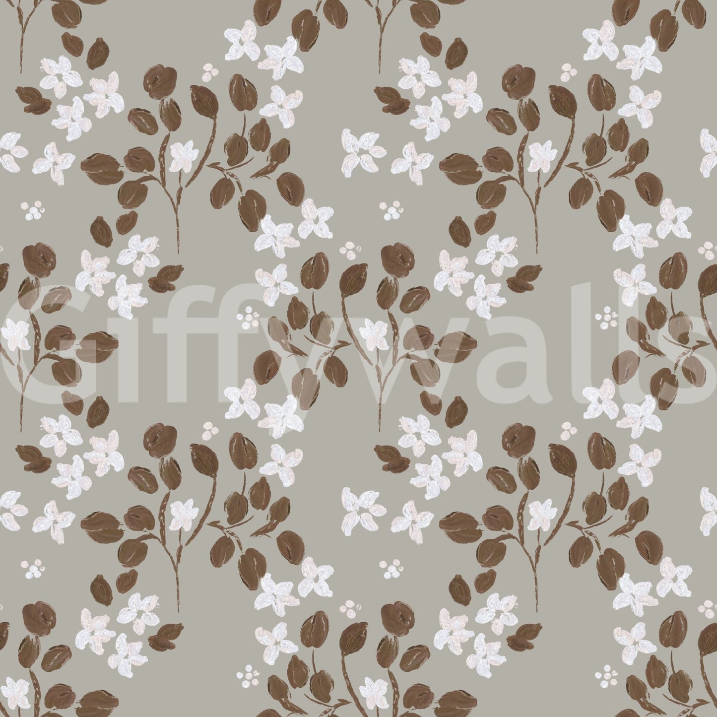 Scattered white blooms highlight Neutral Bloom Rustic Grey white oil painted design, GD8808