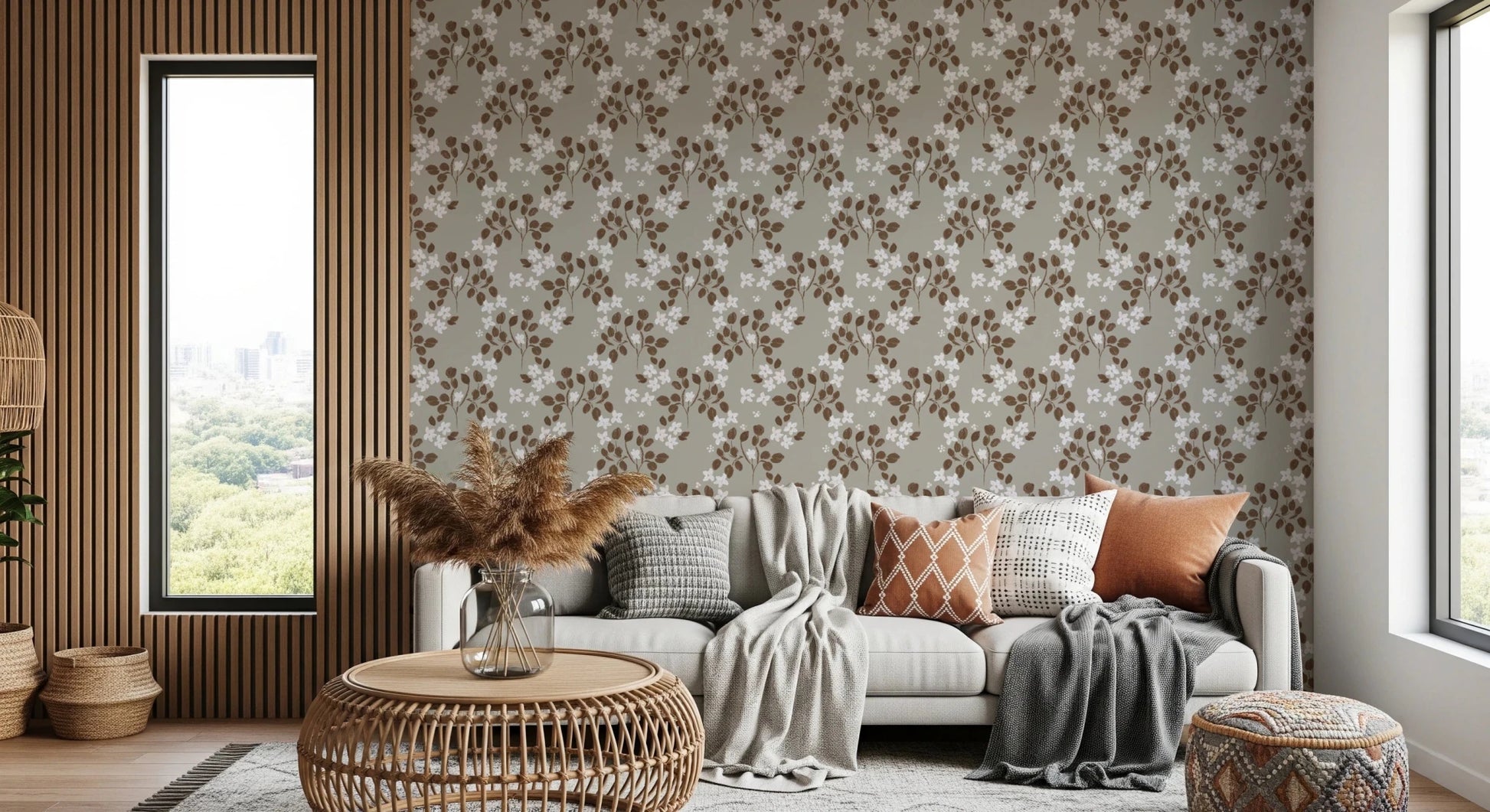 A calm floral repeat appears in Rustic Grey Pattern Wallpaper with Neutral Bloom, GD8808