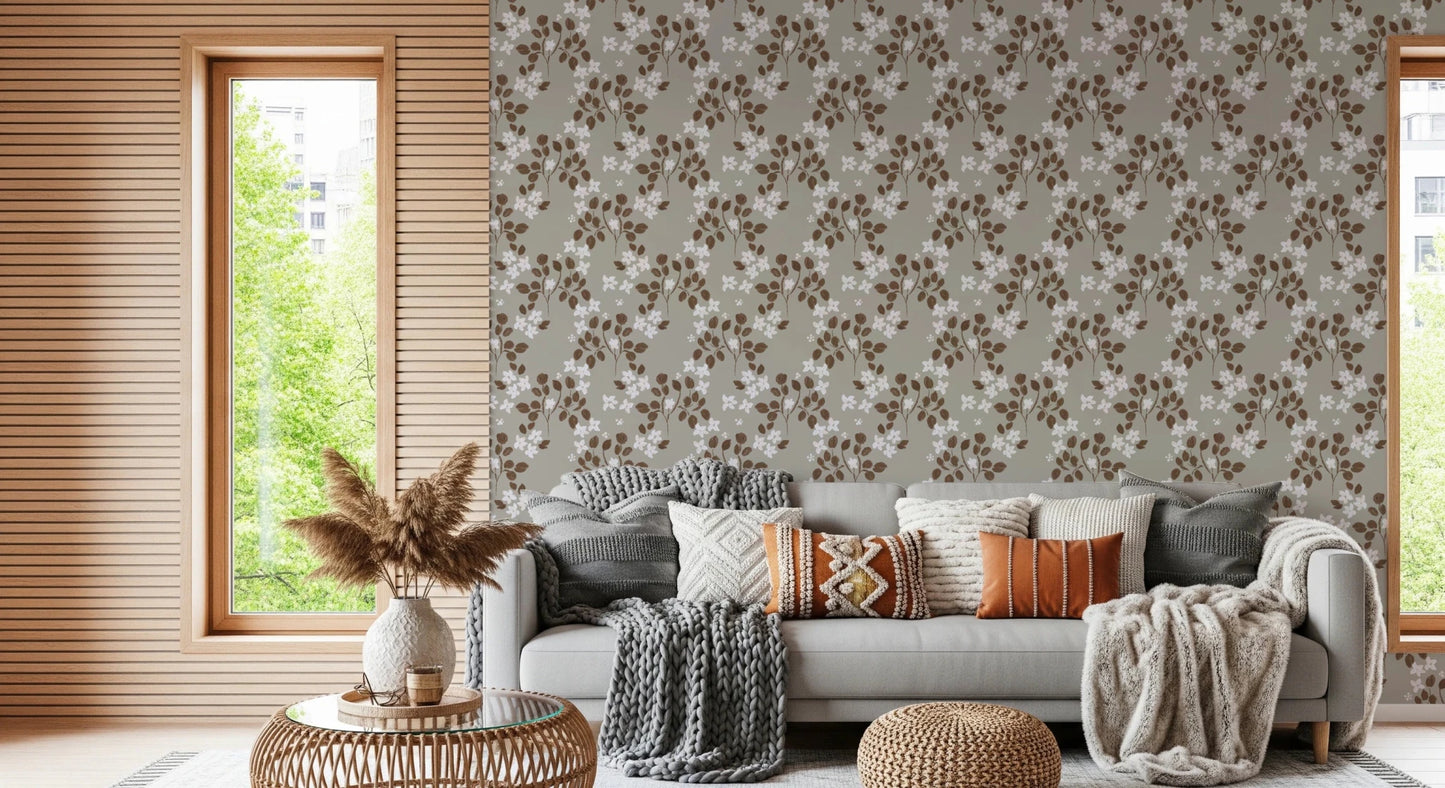 Soft white flowers define this Neutral Bloom Rustic Grey Wallpaper design, GD8808