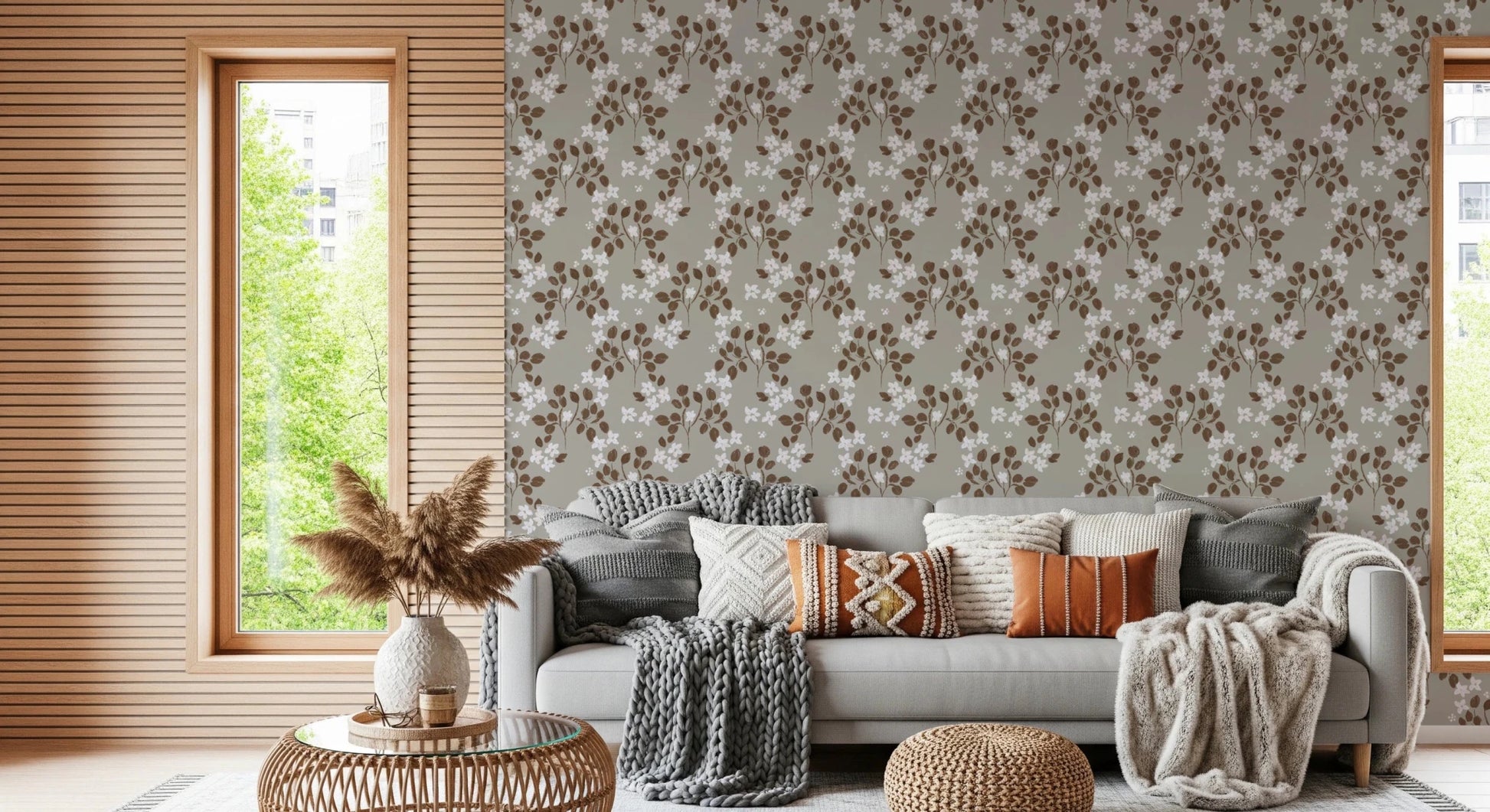 Soft white flowers define this Neutral Bloom Rustic Grey Wallpaper design, GD8808