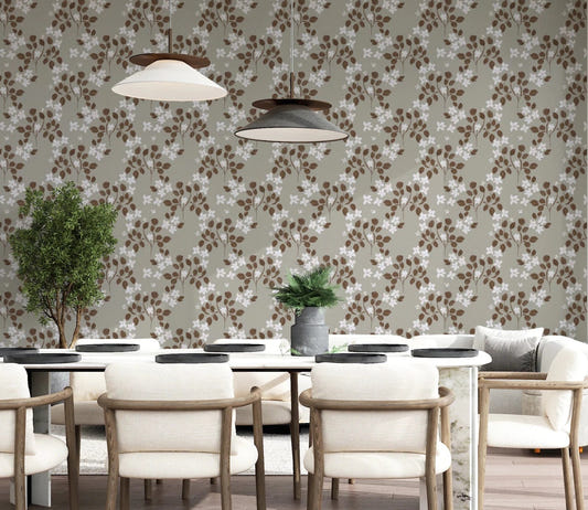 Dining  room with Neutral Bloom Rustic Grey Pattern Wallpaper and white florals