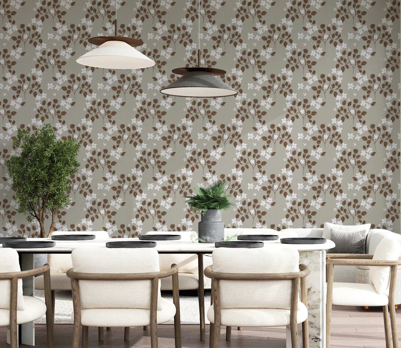 Dining  room with Neutral Bloom Rustic Grey Pattern Wallpaper and white florals