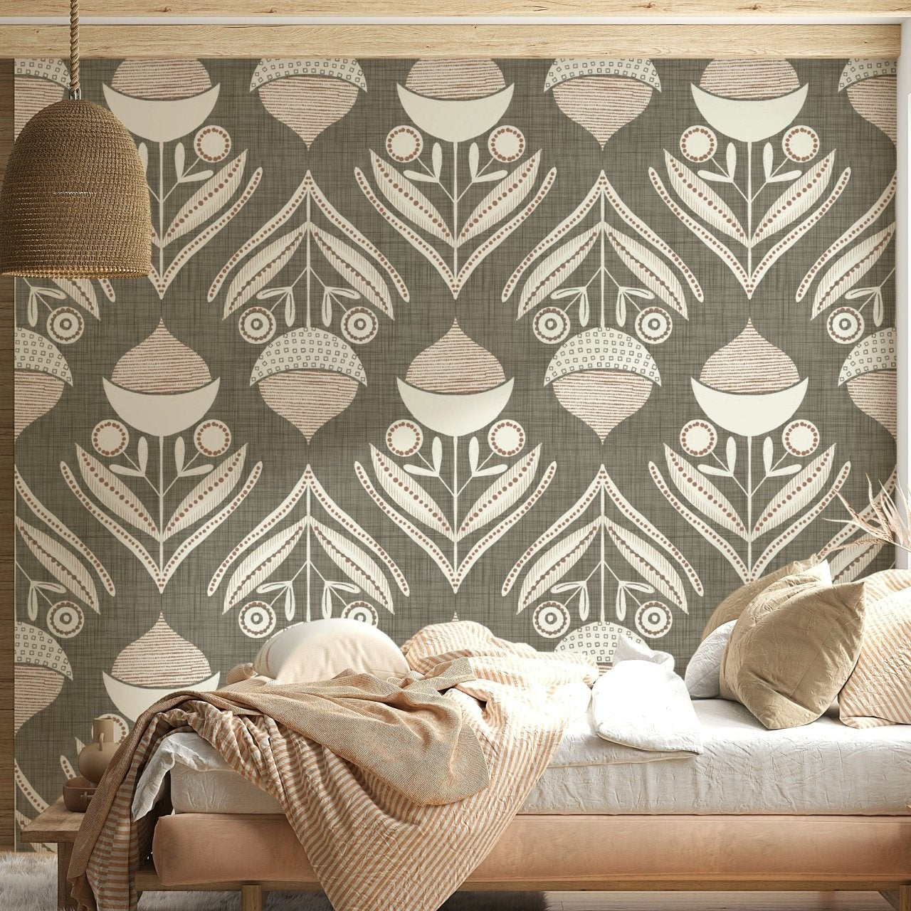 Delightful Neutral Bloom Textile Wallpaper elevates any wall., GD6601