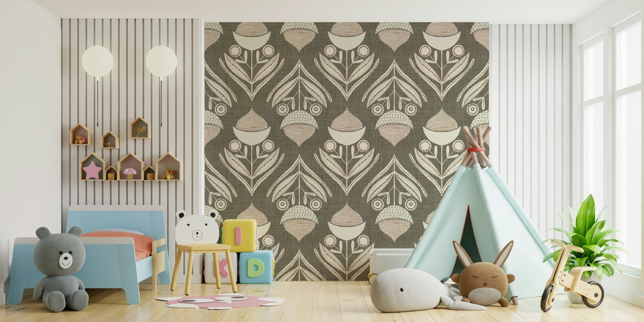 Earthenware tonal Neutral Bloom Textile Wallpaper on canvas texture.