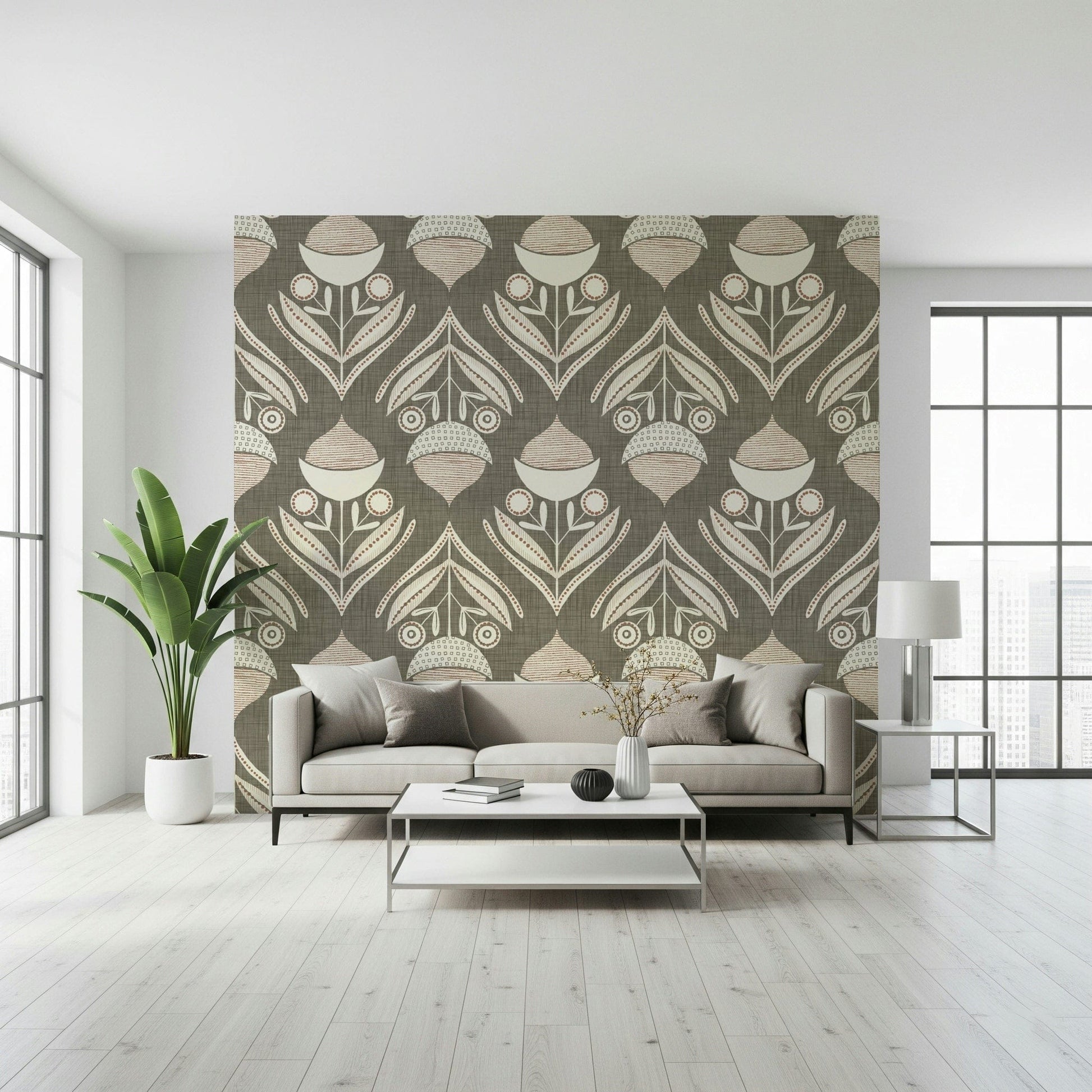 Neutral Bloom Textile Wallpaper features an abstract floral motif., GD6601