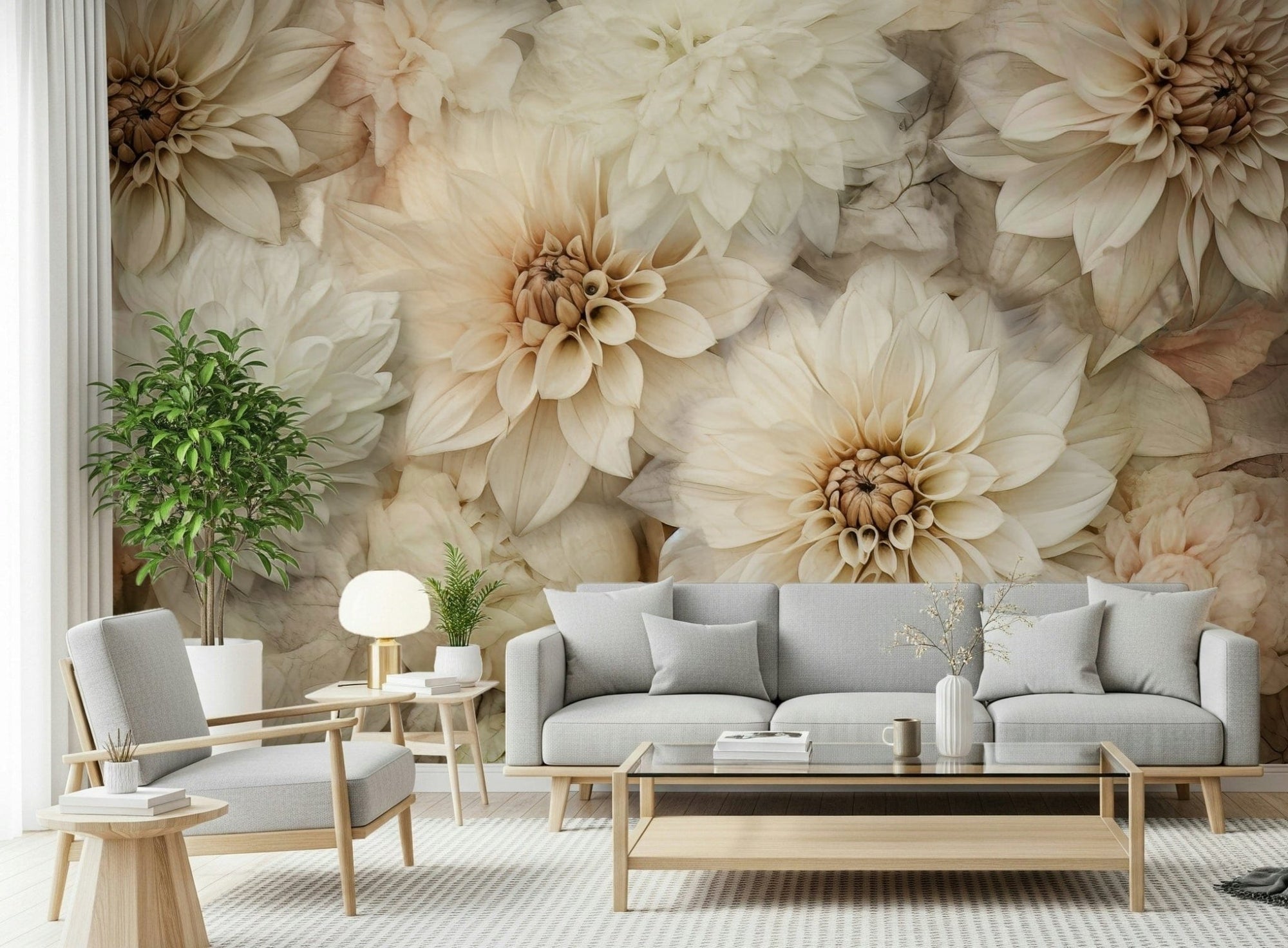 A beautiful subtle floral wallpaper mural in neutral tones., GD5299