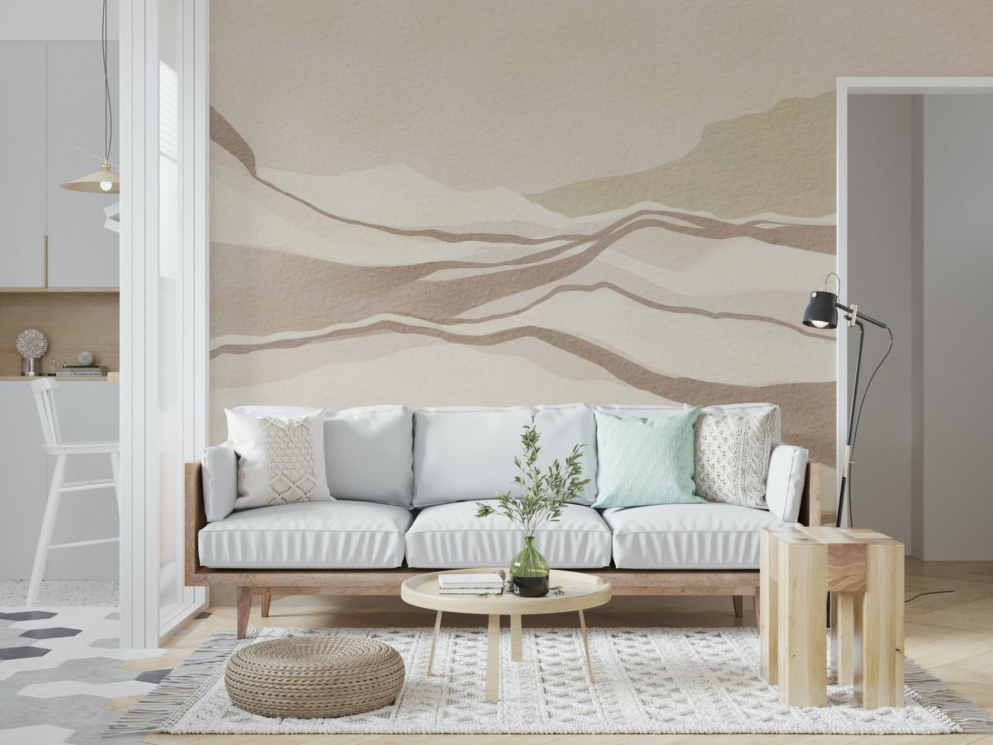 Peel and stick wallpaper, neutral desertscape pattern.