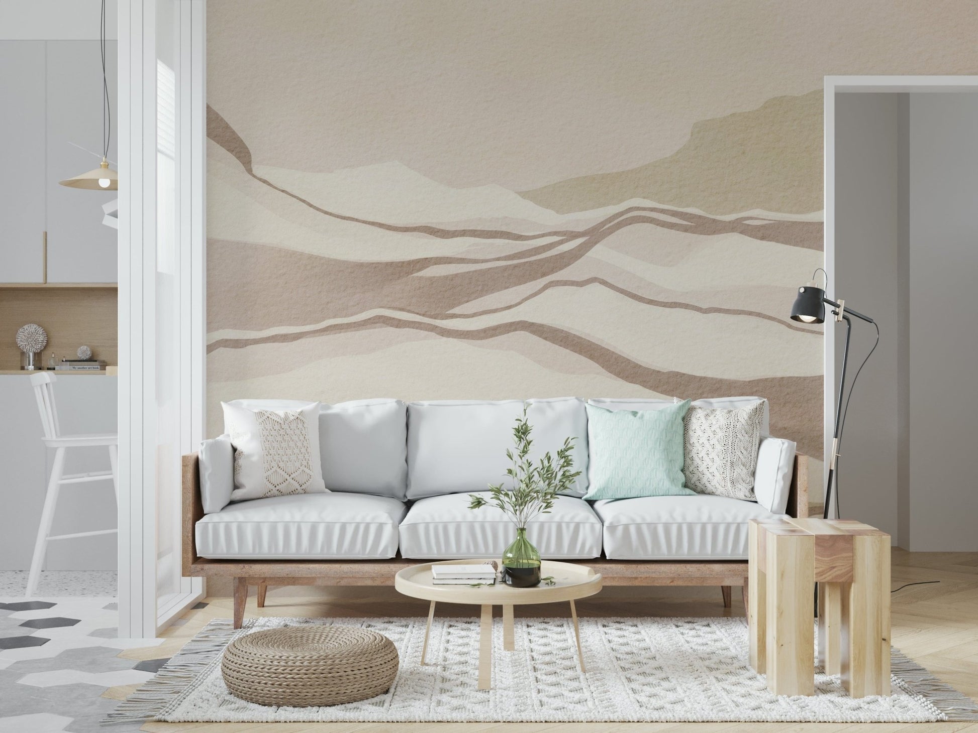Peel and stick wallpaper, neutral desertscape pattern.