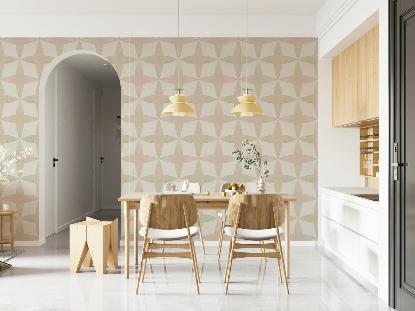 Wall covering Neutral Diamonds, stylish repeating quatrefoil, warm neutral hue.