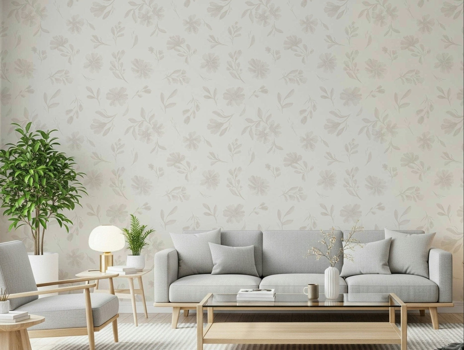 Neutral Flora wallpaper showing scattered watercolor blooms on cream GD7415
