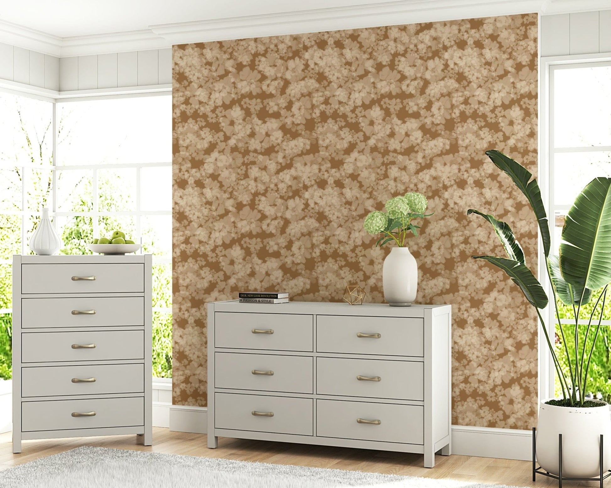 Elegant tan floral wallpaper for a refined Neutral Floral Haze look.