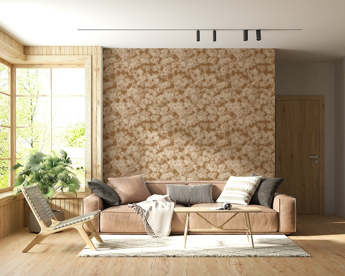 Vellum shaded flower mural, softening the Neutral Floral Haze design.