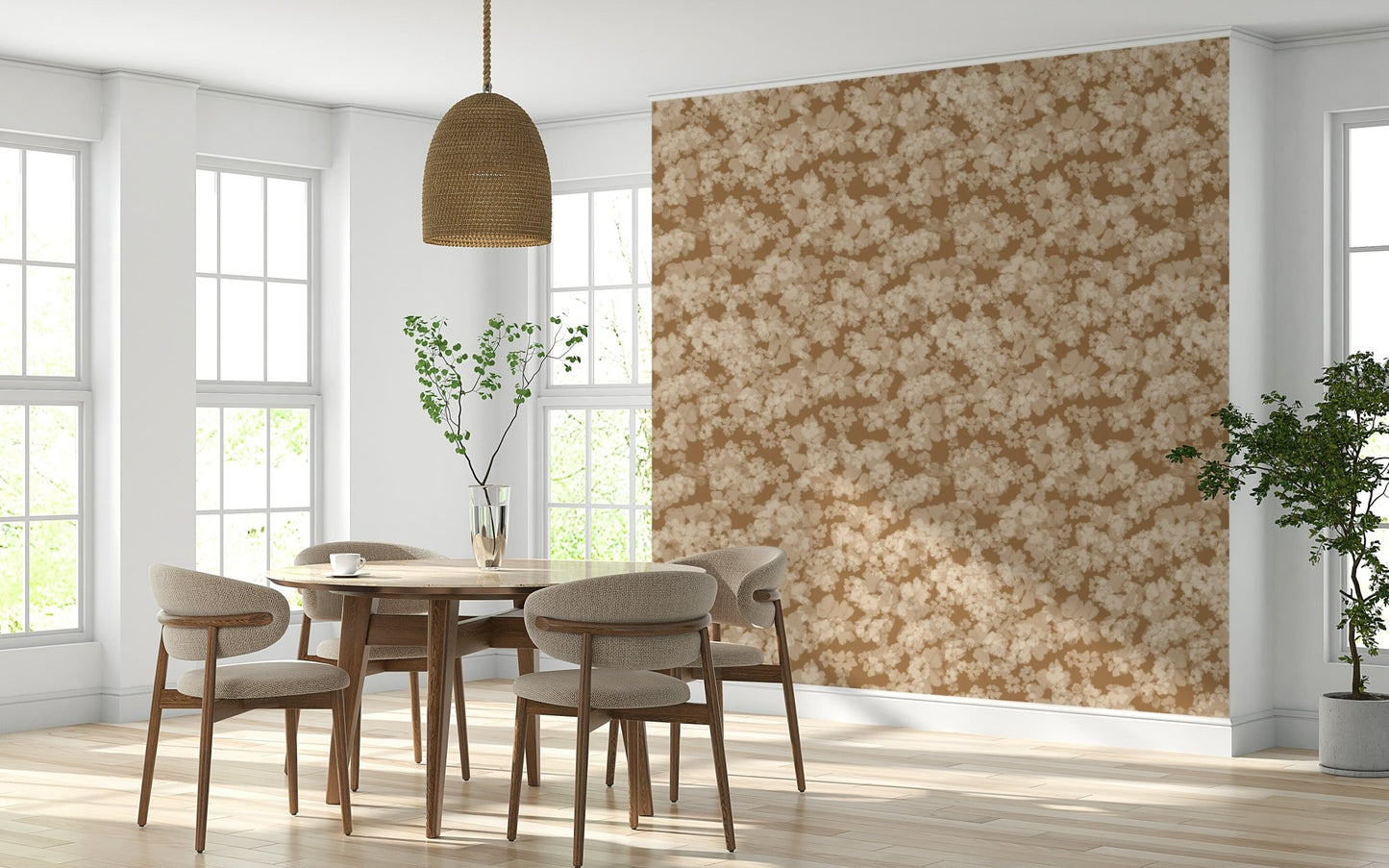 Warm beige floral mural featuring the Neutral Floral Haze texture.