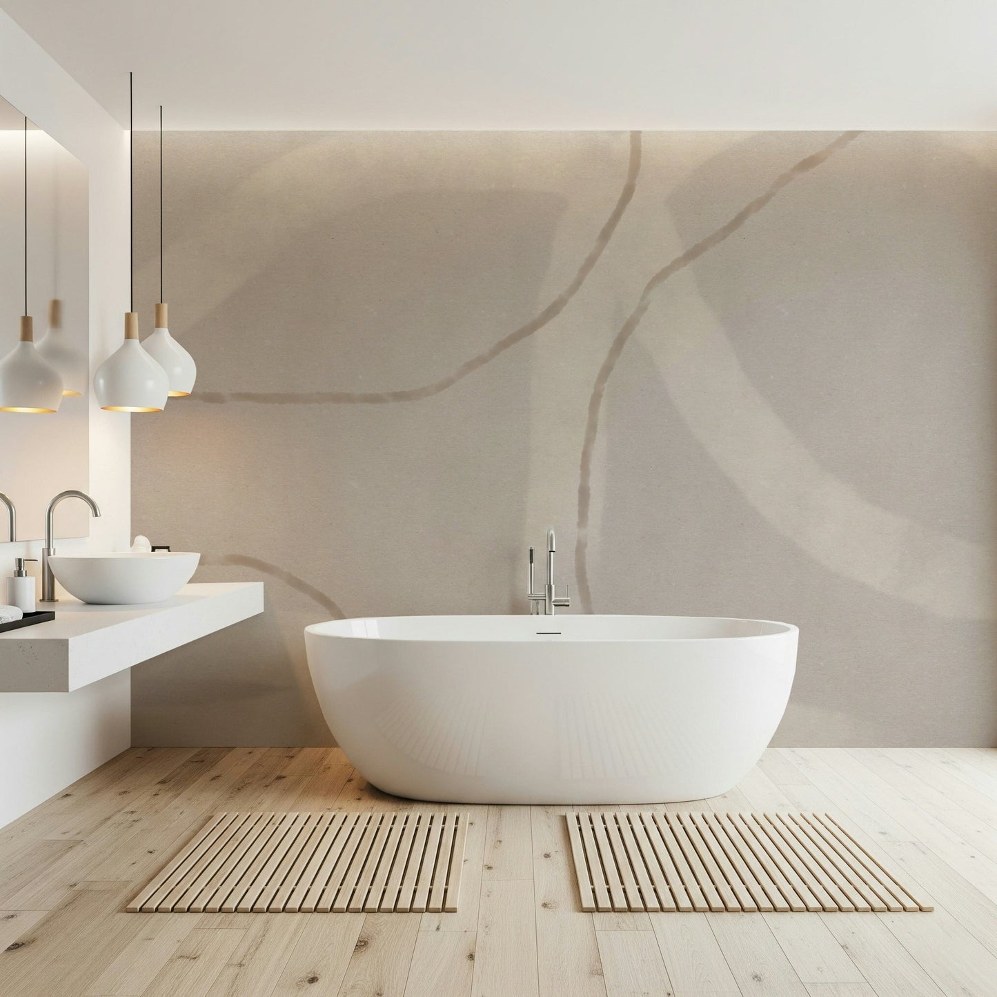 A graceful subtle shape wall mural in cool, tranquil tones.