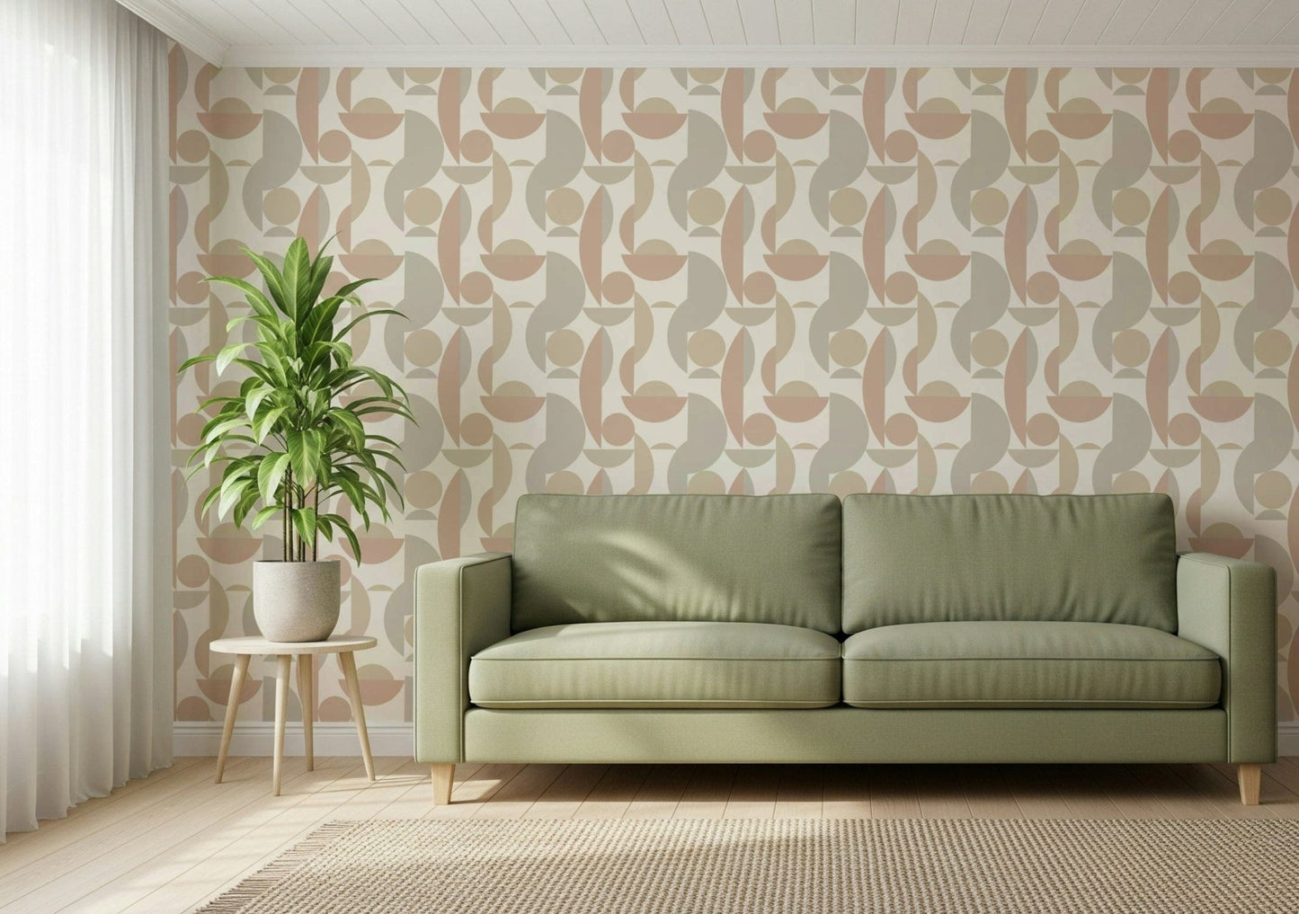 Contemporary wall covering interlocking neutral geometrics.