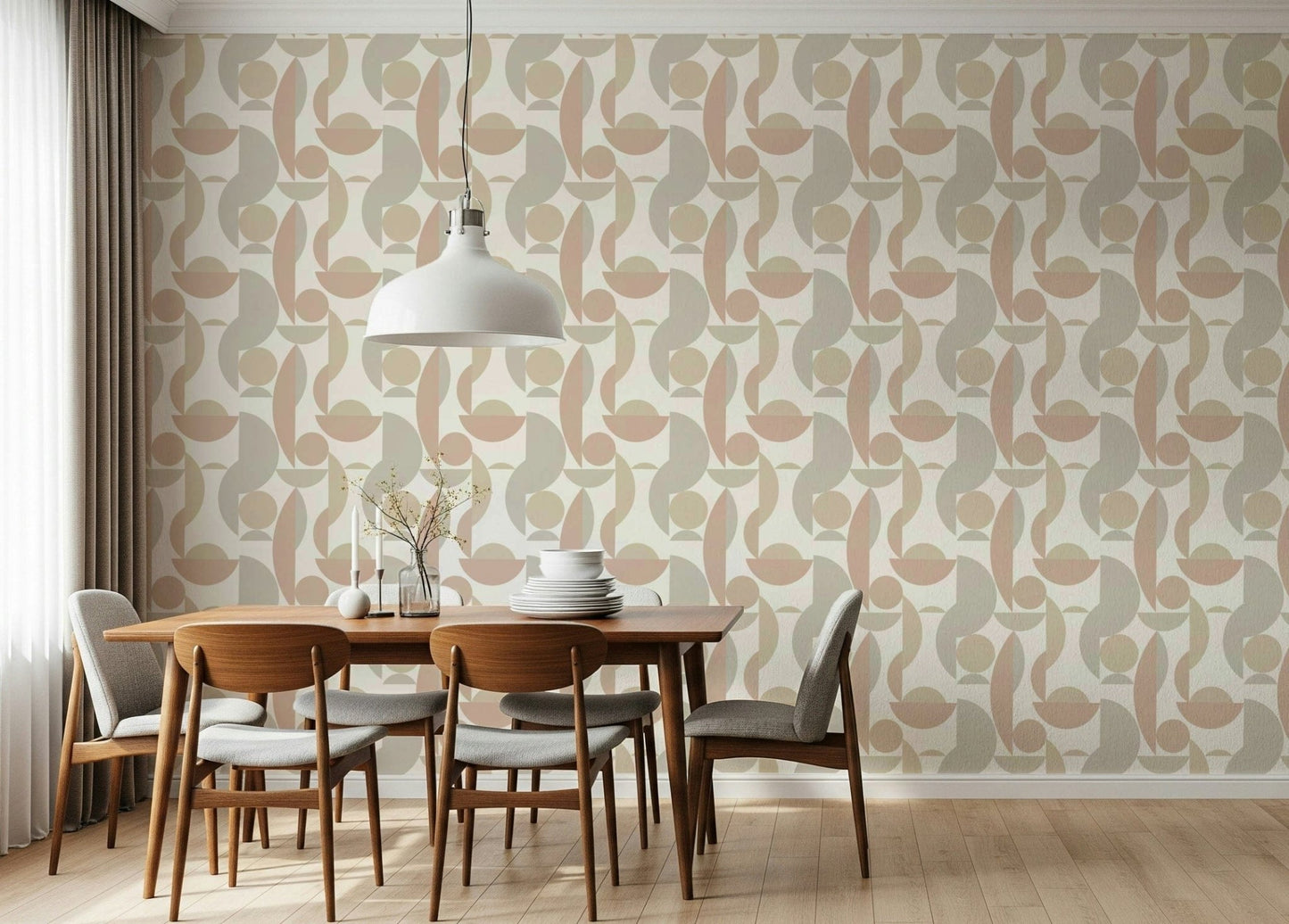 Elegant geometric wall mural curved and circular forms.