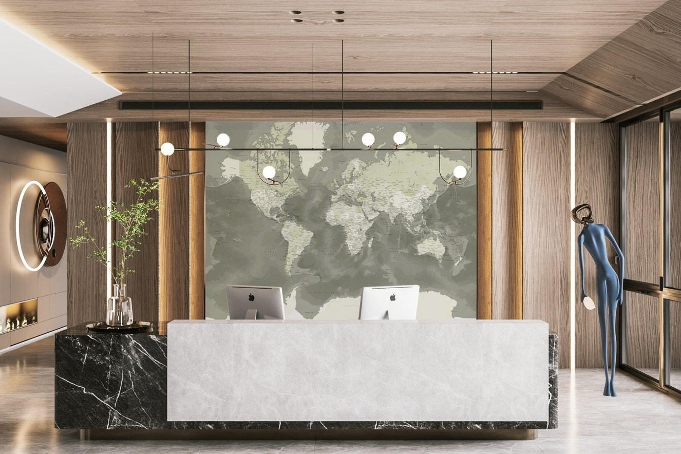 Neutral green watercolor world map art

