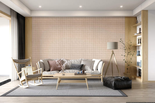 Beige neutral grid wallpaper with linen texture