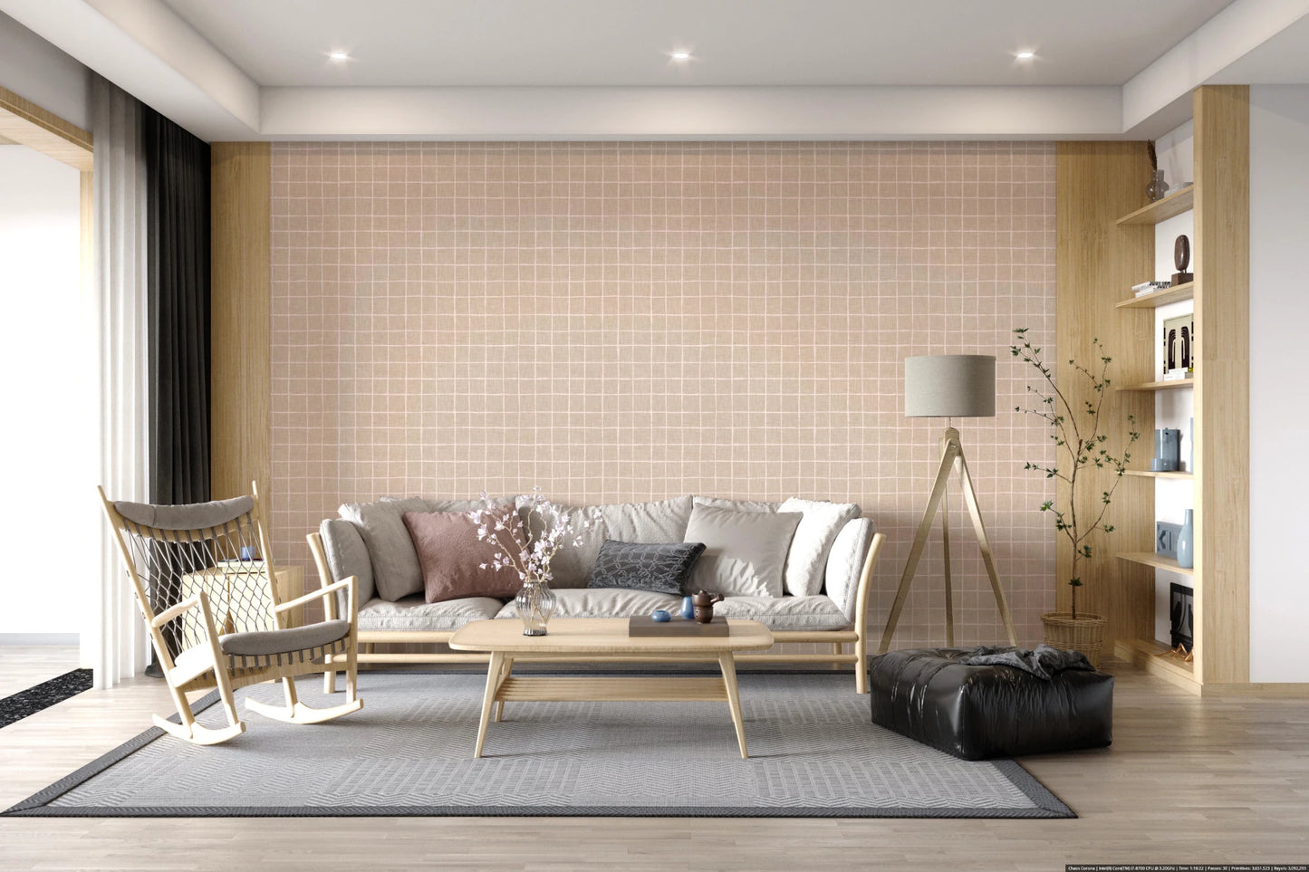 Beige neutral grid wallpaper with linen texture, GD8458