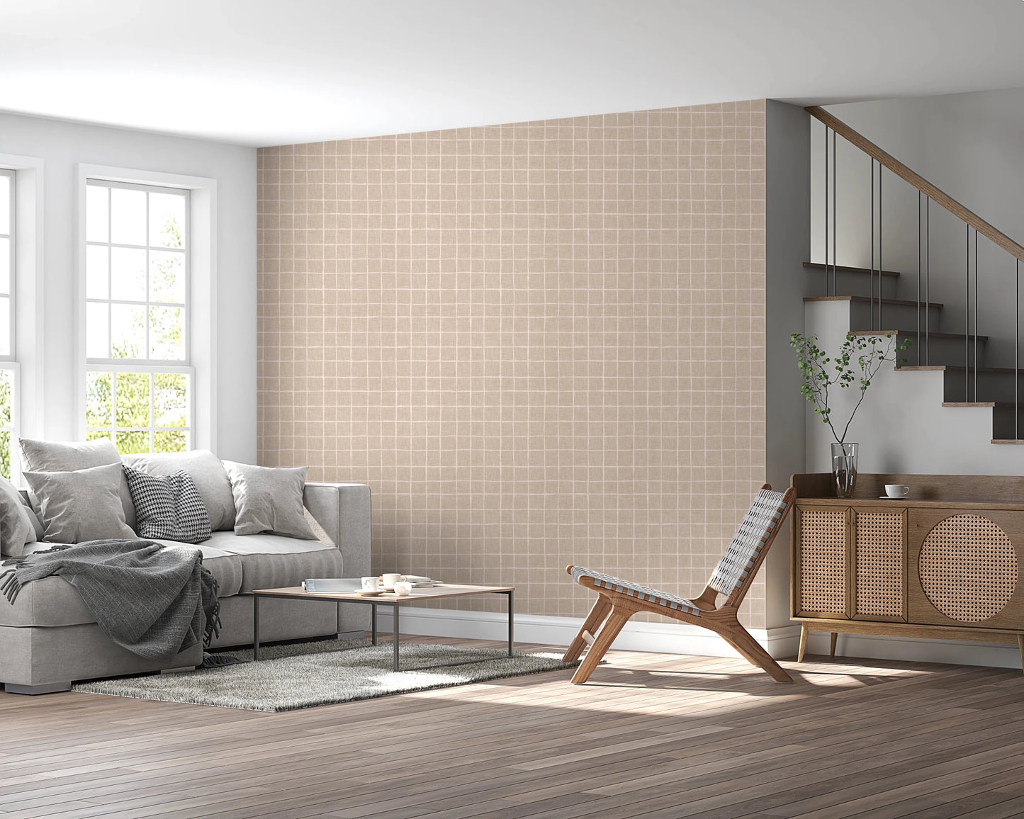 Sand colored wall covering with thin white lines, GD8458