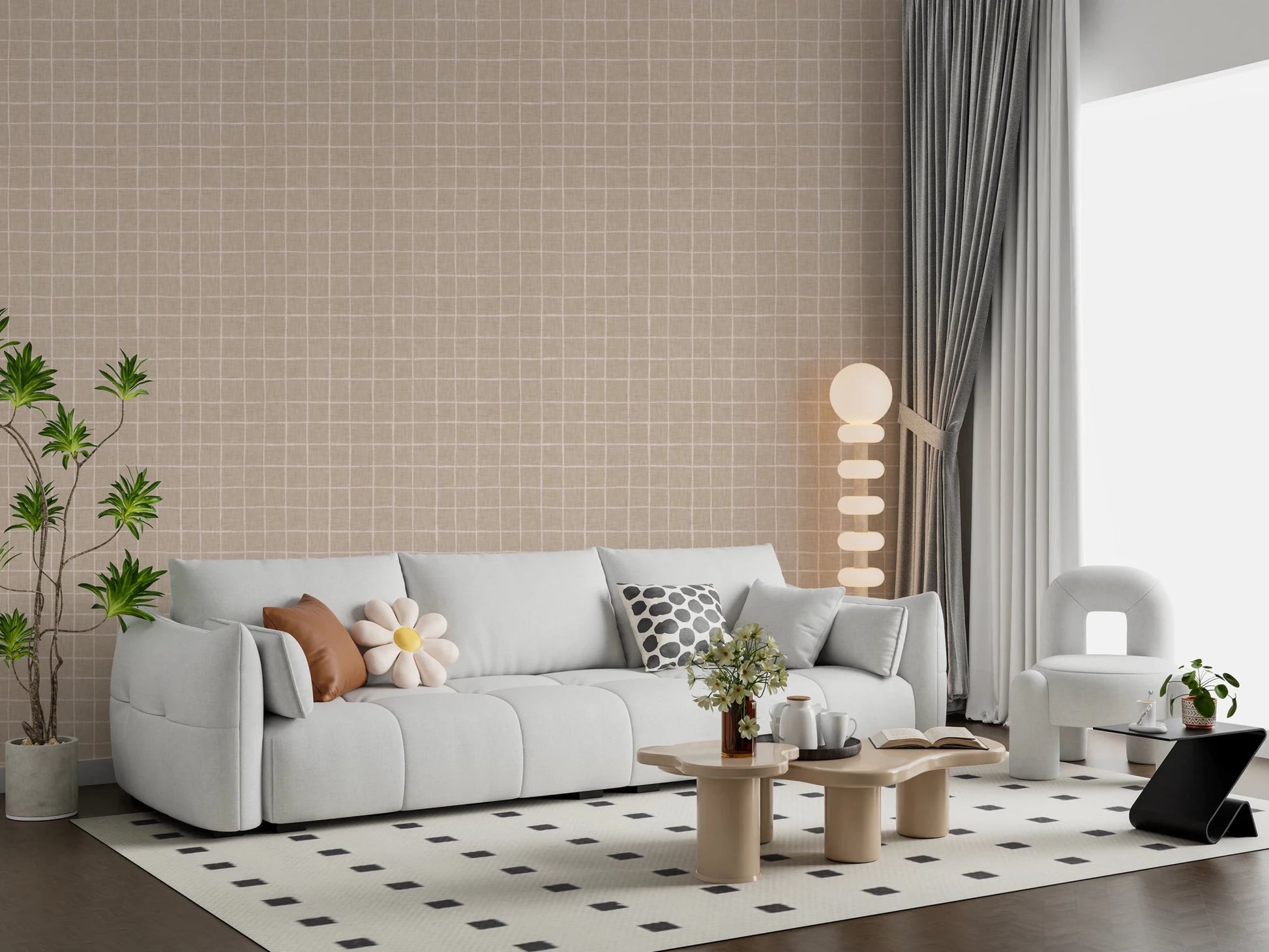 Soft tan linen texture wallpaper with grid print, GD8458