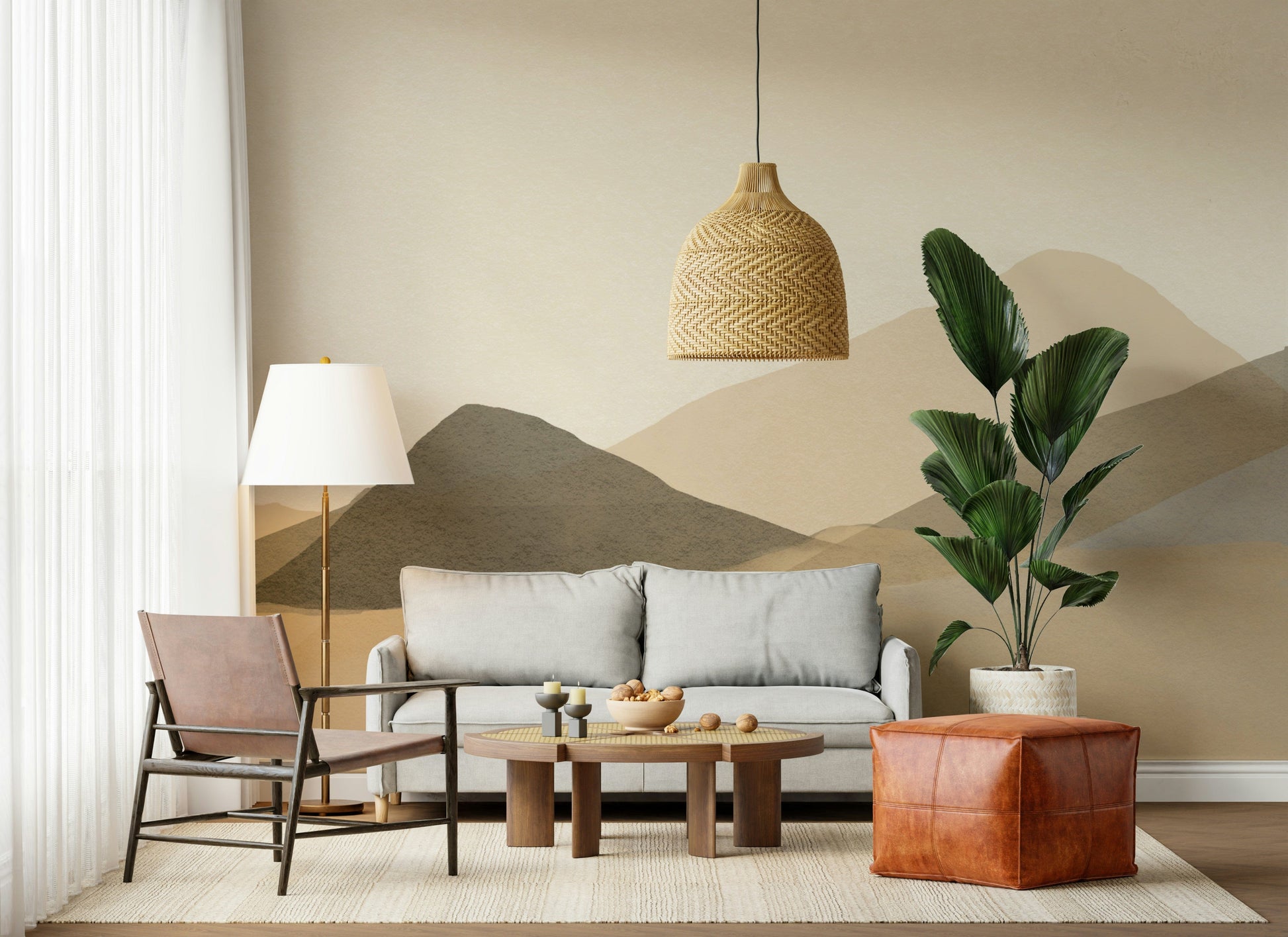 Modern minimal art, Neutral Hues: Mountain Range Serenity.