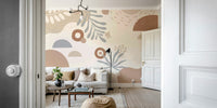 An abstract wall mural featuring a pattern of stylized leaves.

