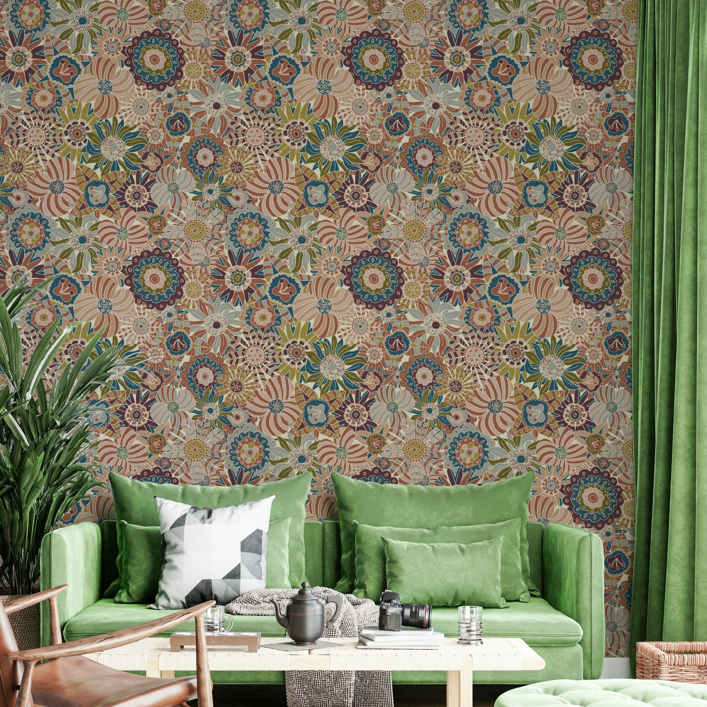Scandi Round Flowers wallpaper for a modern living room.

