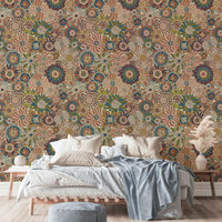 Design featuring flowers in muted pink, blue, brown, and green.

