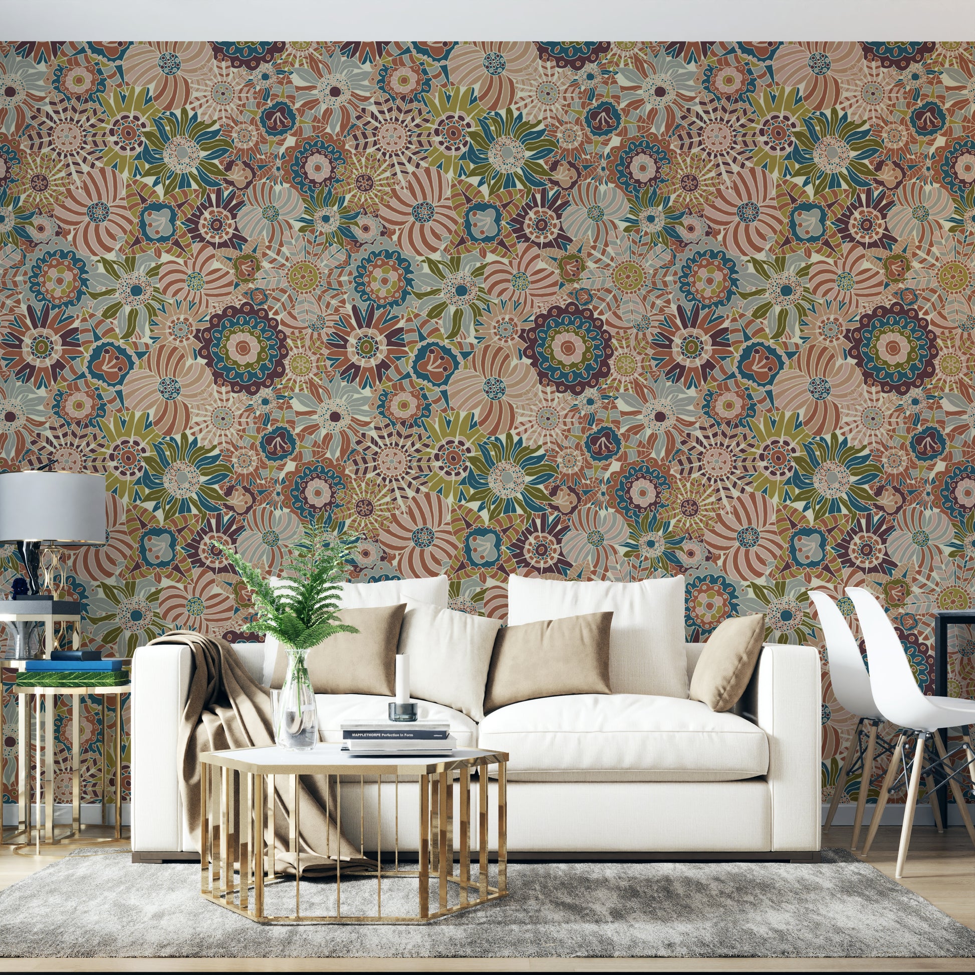 Neutral Spring Scandi Round Flowers Wallpaper.

