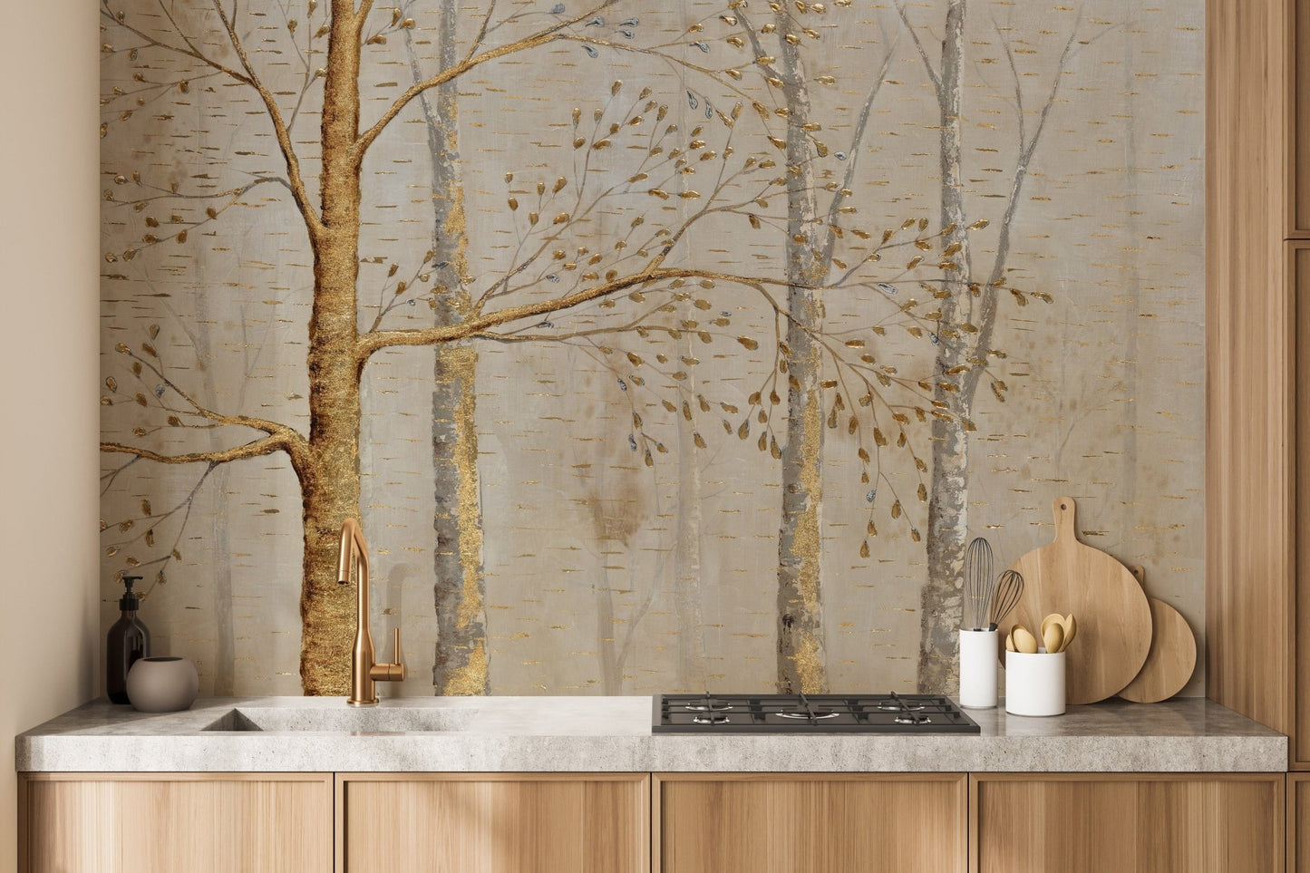 Gold Background Green Leaves Wallpaper - Giffywalls A326