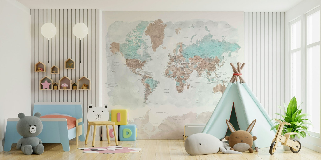 Neutral watercolor world map wall art

