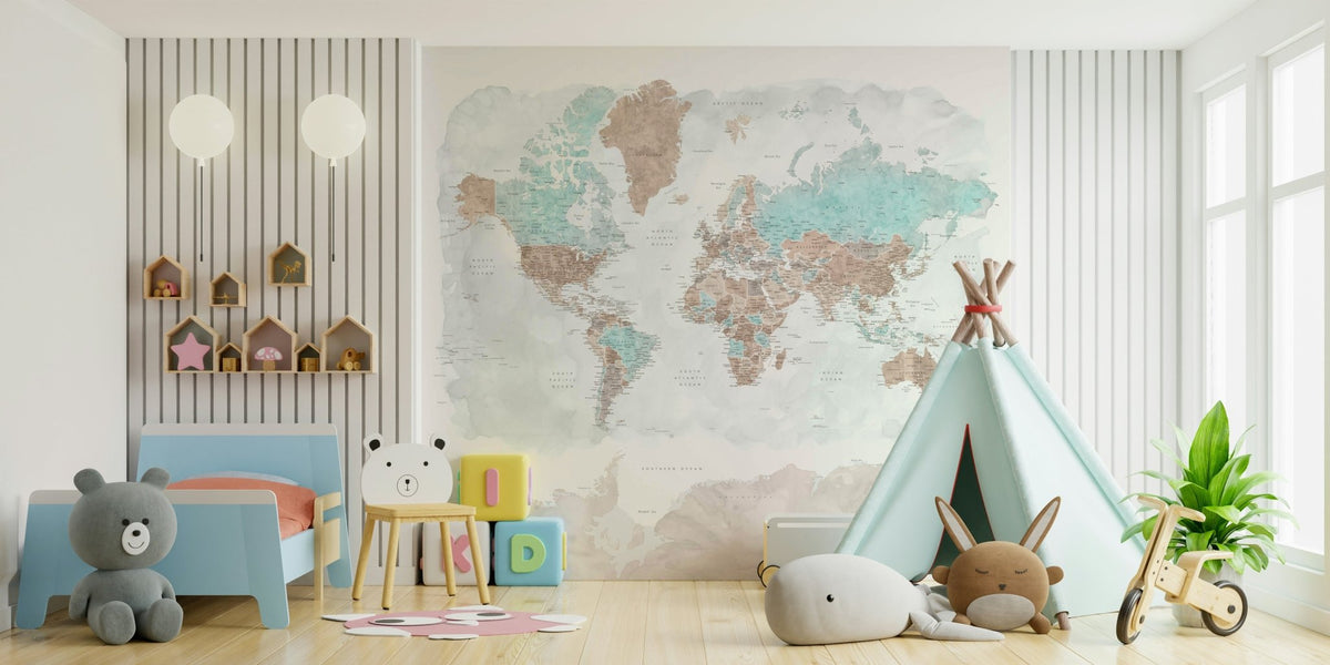 Neutral watercolor world map wall art GD199


