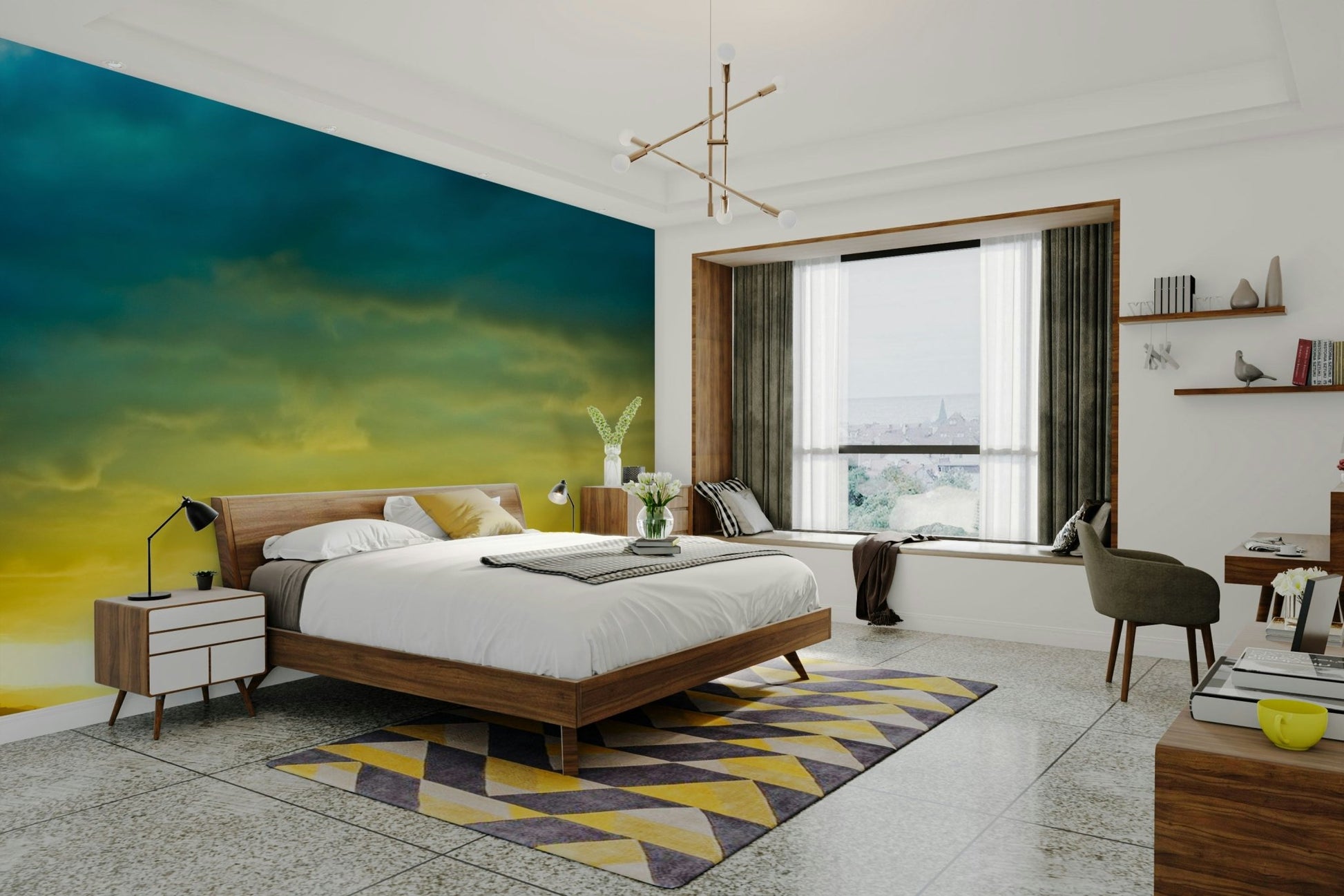 A beautiful bright sunrise wallpaper mural for a modern home.

