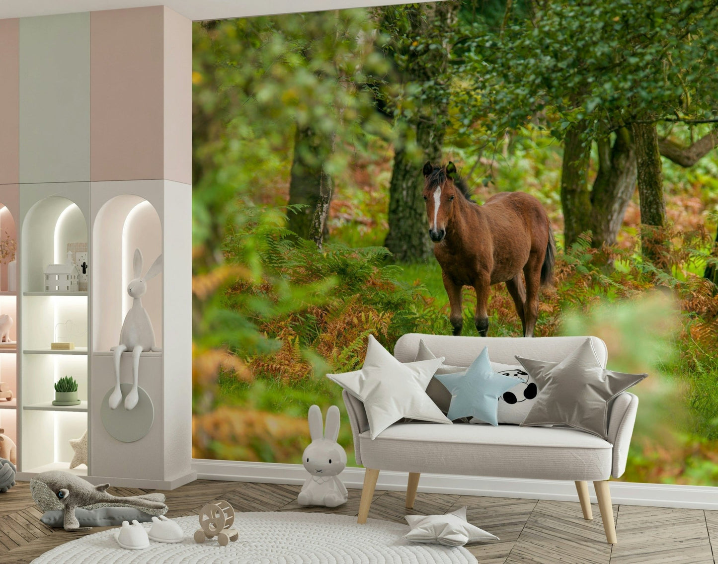 New Forest Nomad wallpaper with wild brown pony in lush green woods wall mural.
