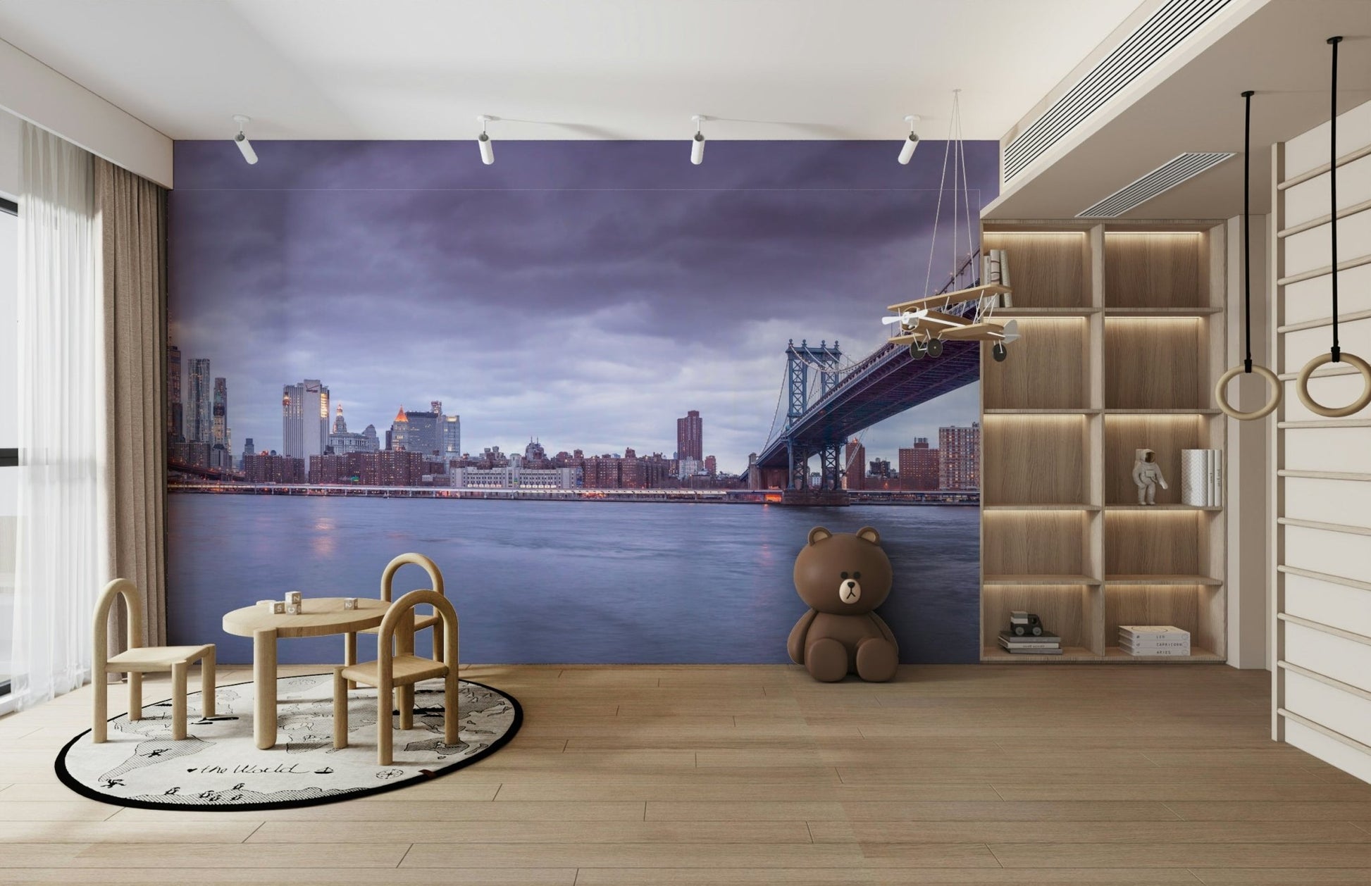 The city skyline is visible in the background with lights starting to glow.

