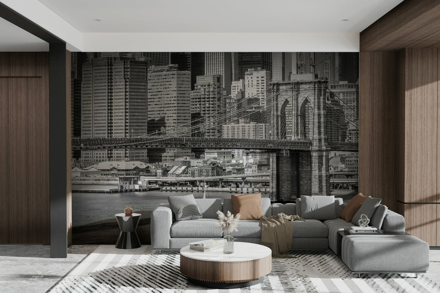 Urban city mural with bridge and skyline combo

