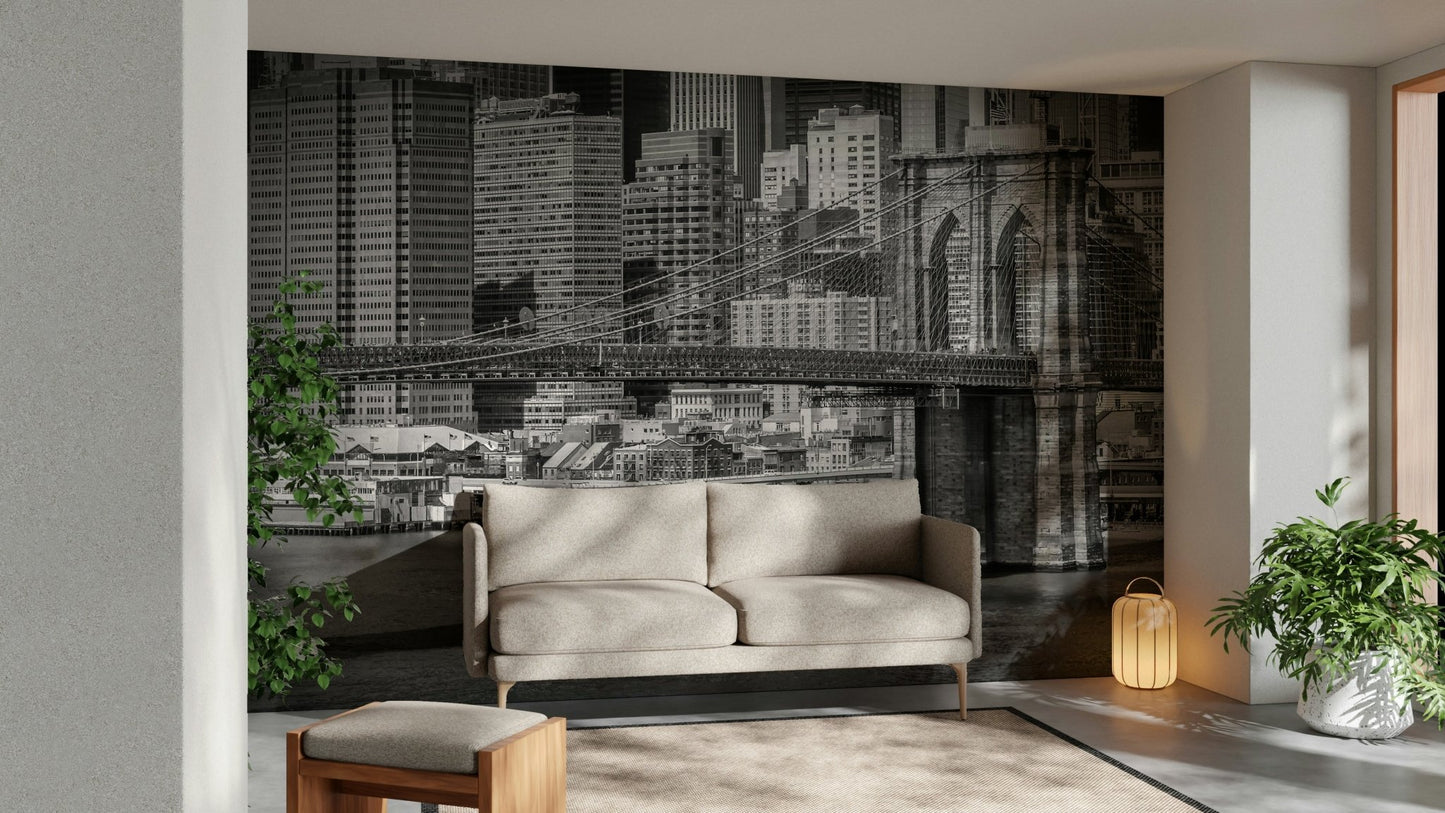 Cityscape wall mural featuring Brooklyn Bridge


