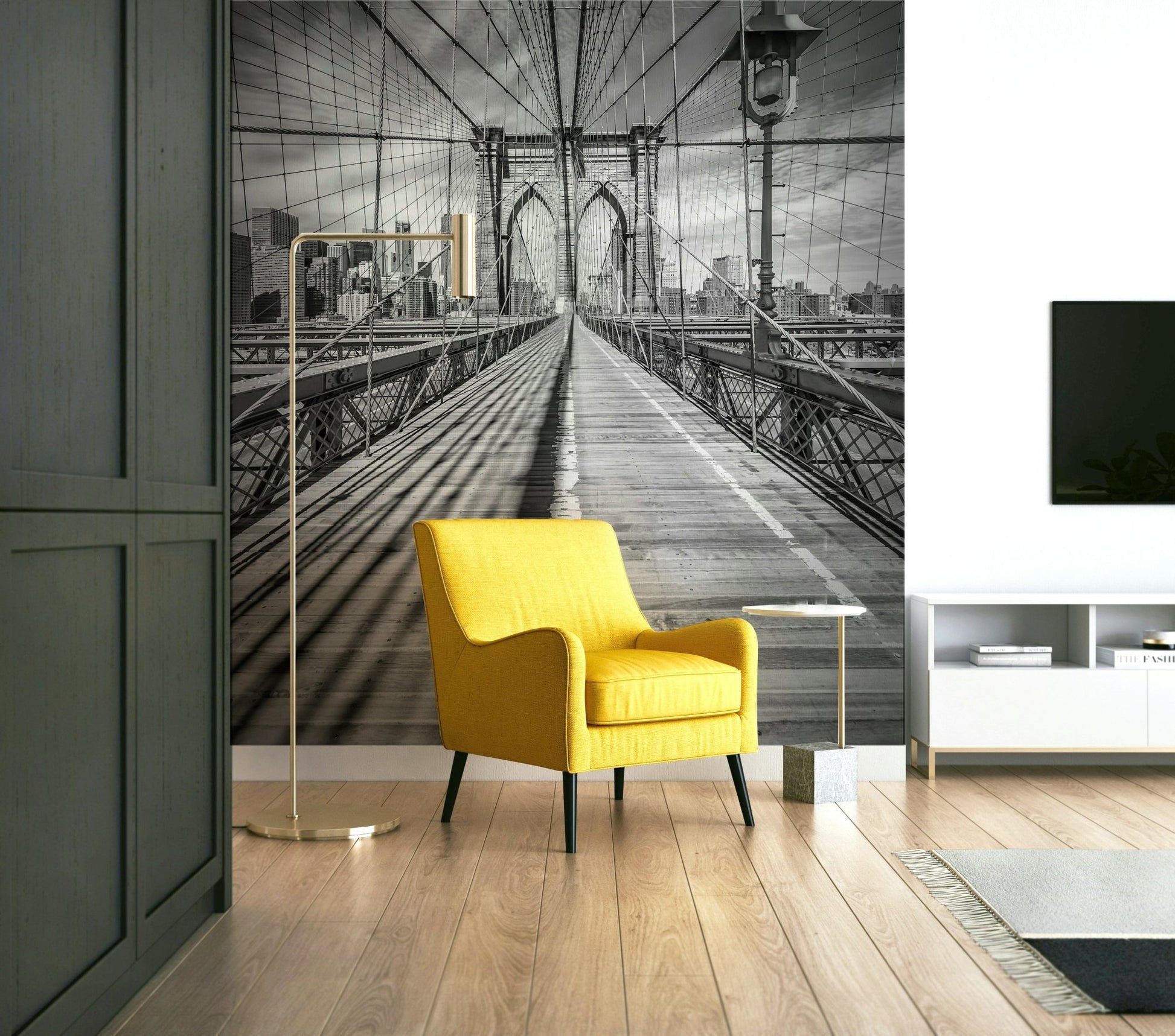 Black-and-white mural of Brooklyn Bridge and Manhattan skyline.

