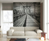 Artistic mural of Brooklyn Bridge from pedestrian walkway view.

