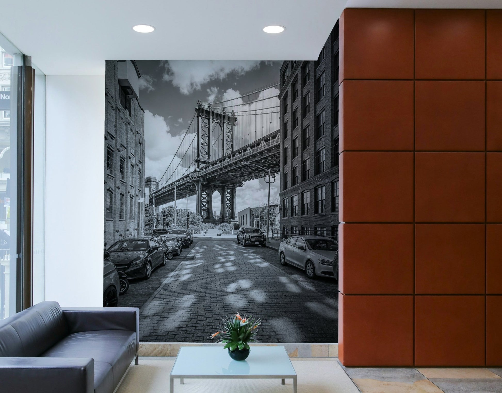 Scenic NYC mural showing the bridge leading to Manhattan.

