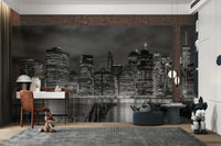 Moody black-and-white mural of NYC streets after dark., GD1484