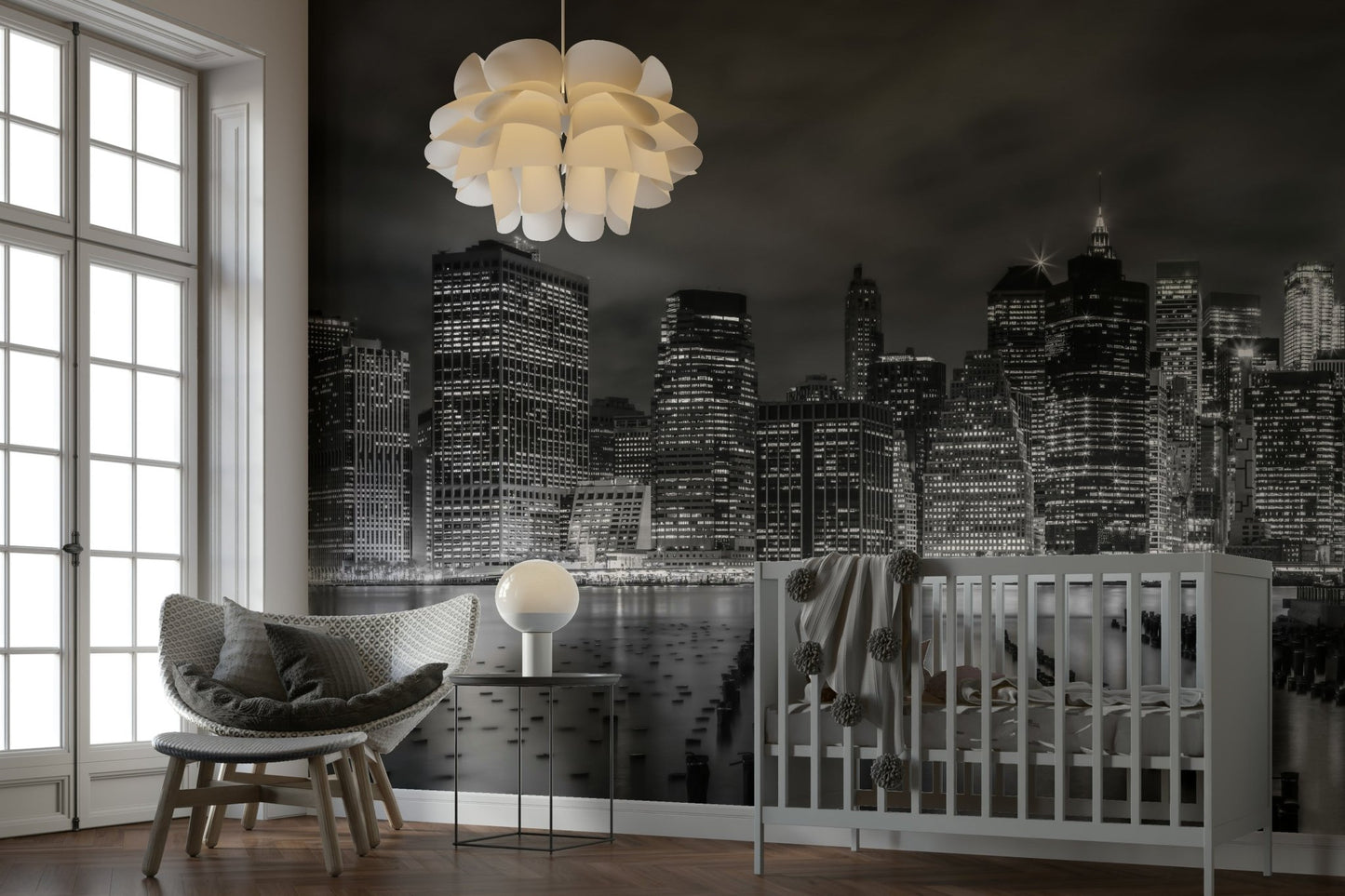 Black-and-white NYC mural with glowing night cityscape., GD1484