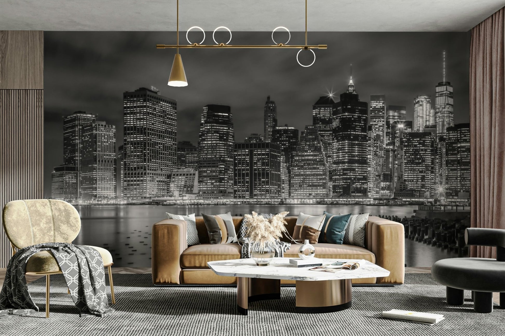 Cityscape mural showing New York skyscrapers in twilight., GD1484