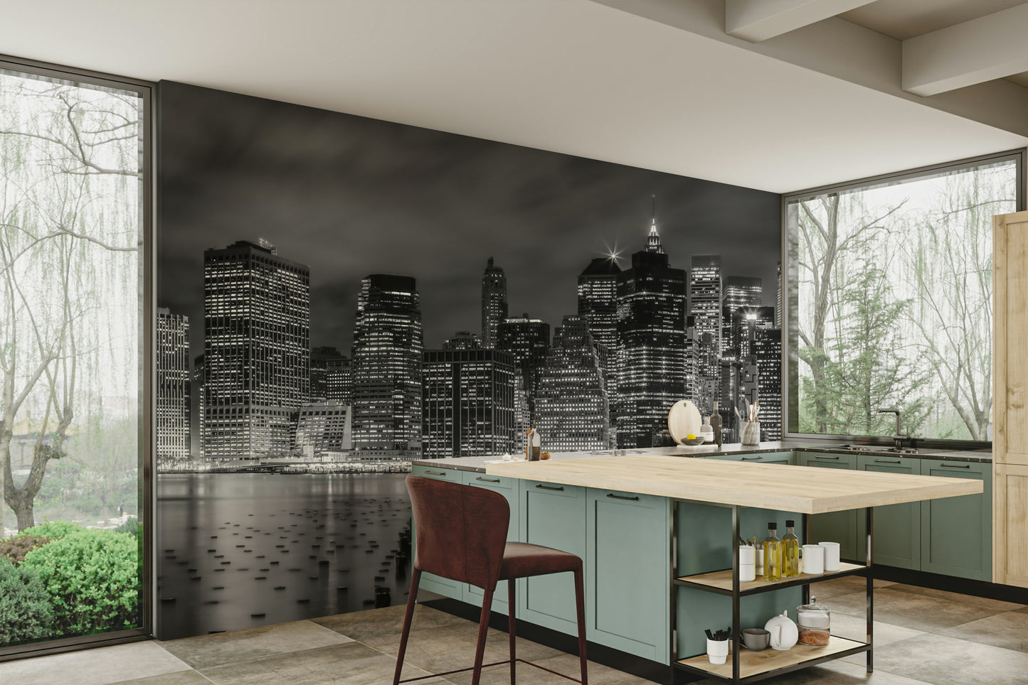 Wall mural featuring New York lights and high-rise silhouettes.

