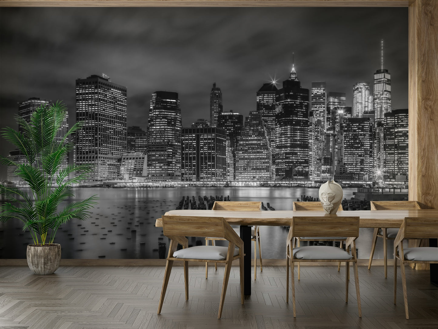 Artistic night view mural of New York in black and white.


