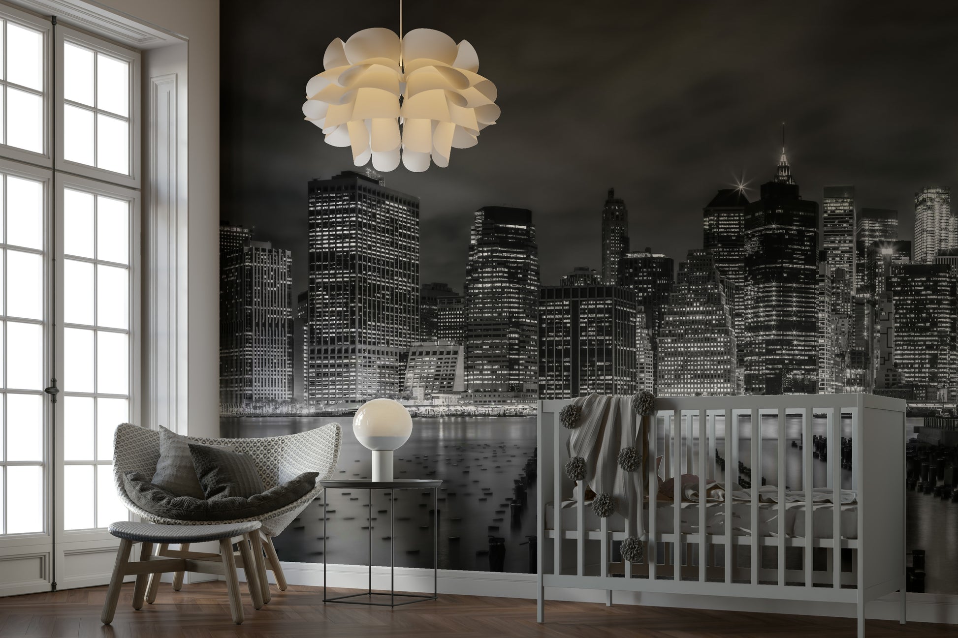 Black-and-white NYC mural with glowing night cityscape.

