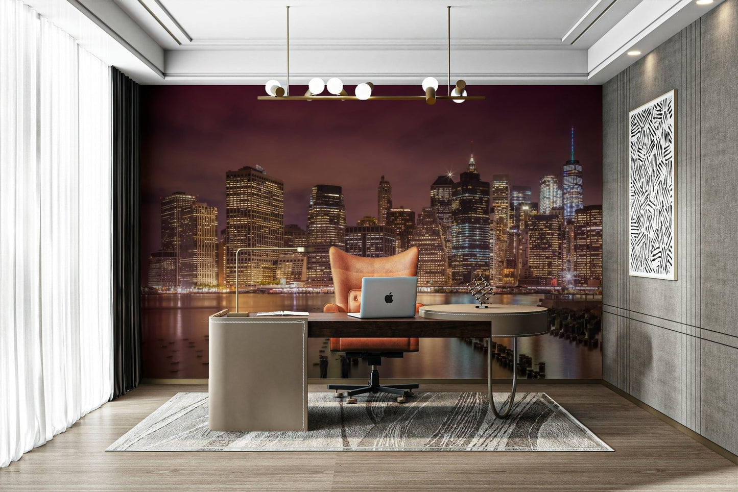 Urban night scene of NYC skyscrapers wall mural.

