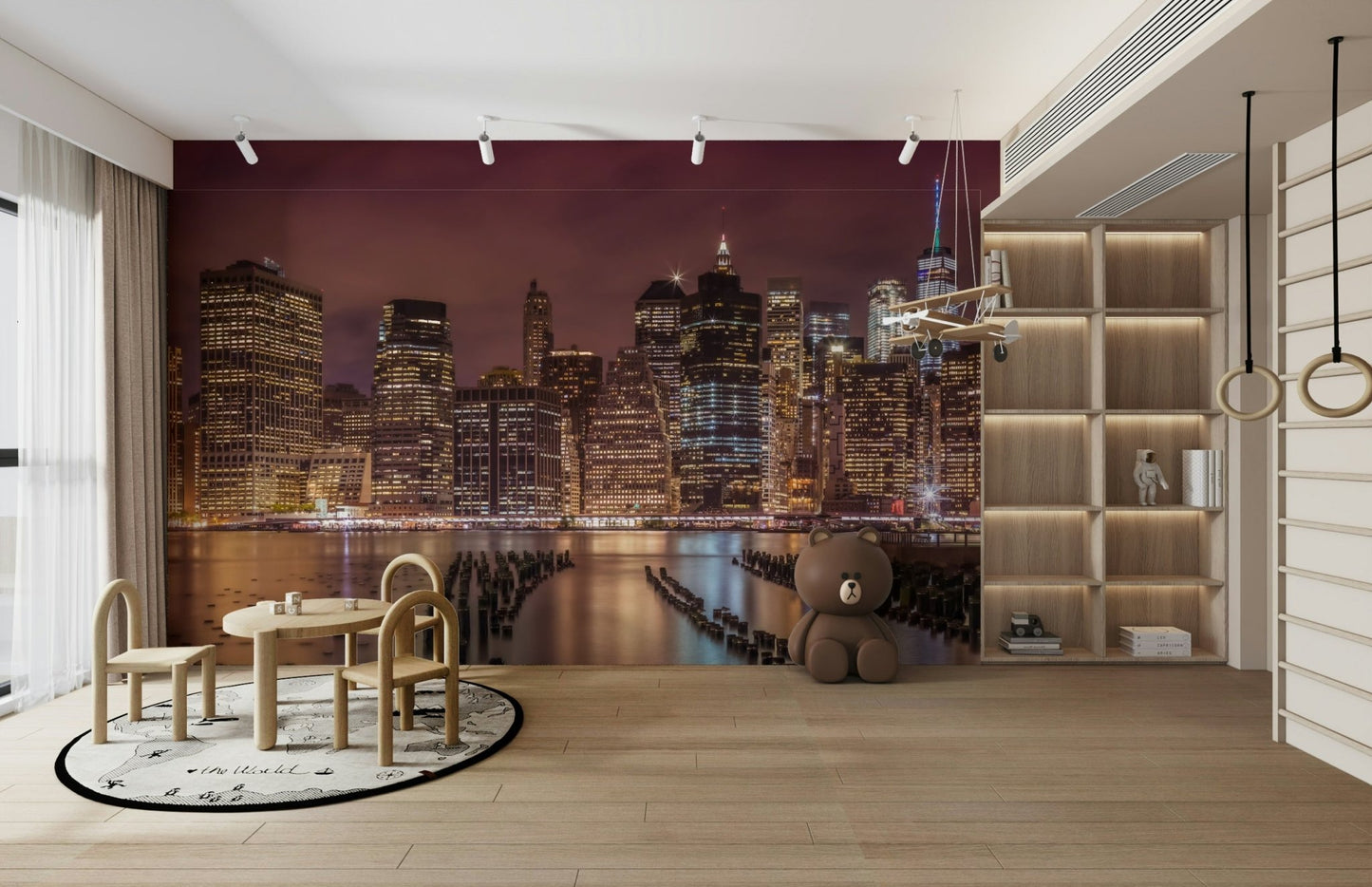 NYC cityscape at night wall mural with city lights.

